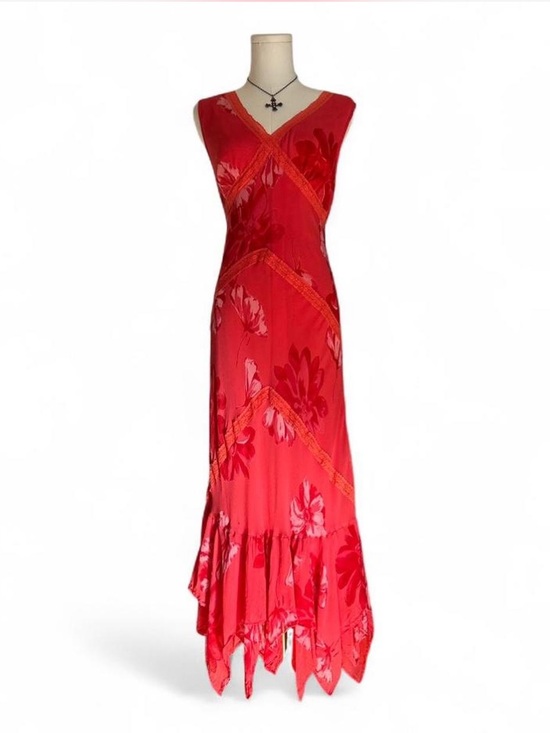 Majick Dresses & Skirts - y2k Asymmetrical Babydoll Fairy Floral Pinkish Red Lace Sleeveless Maxi Flawed!!